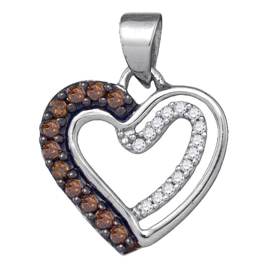 10kt White Gold Womens Round Brown Diamond Heart Pendant 1/5 Cttw