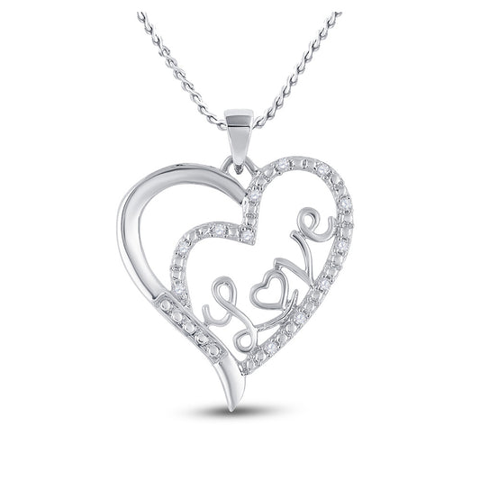 Sterling Silver Womens Round Diamond Love Heart Pendant 1/10 Cttw