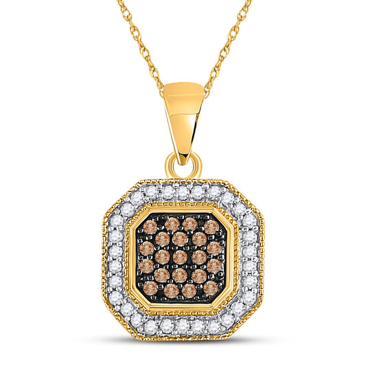 10kt Yellow Gold Womens Round Brown Diamond Octagon Cluster Pendant 1/3 Cttw