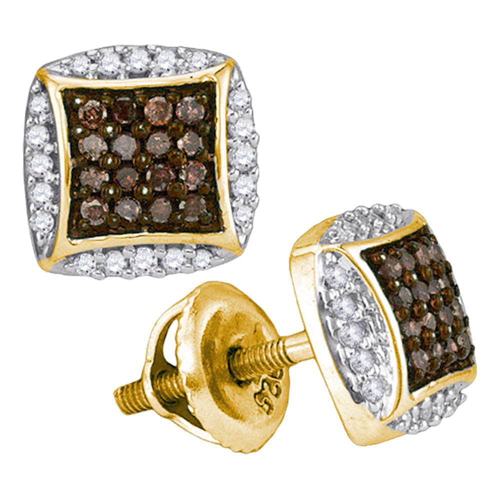 10kt Yellow Gold Womens Round Brown Diamond Square Cluster Earrings 1/3 Cttw