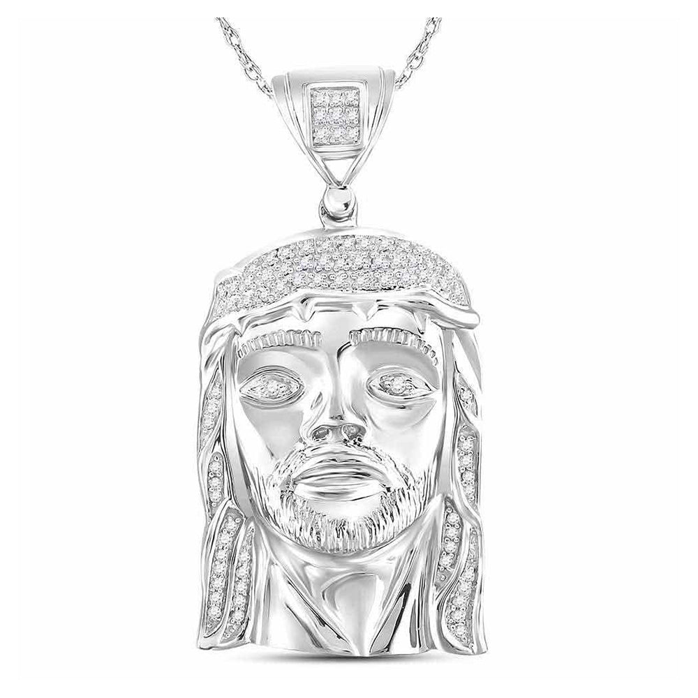 Sterling Silver Mens Round Diamond Jesus Face Charm Pendant 1/4 Cttw