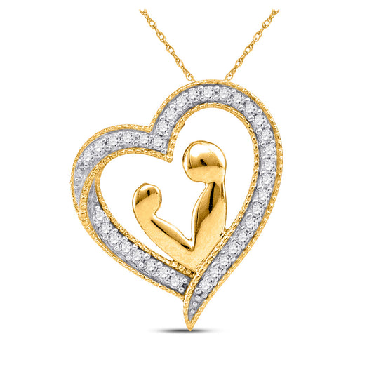 10kt Yellow Gold Womens Round Diamond Heart Mother Child Embrace Pendant 1/10 Cttw