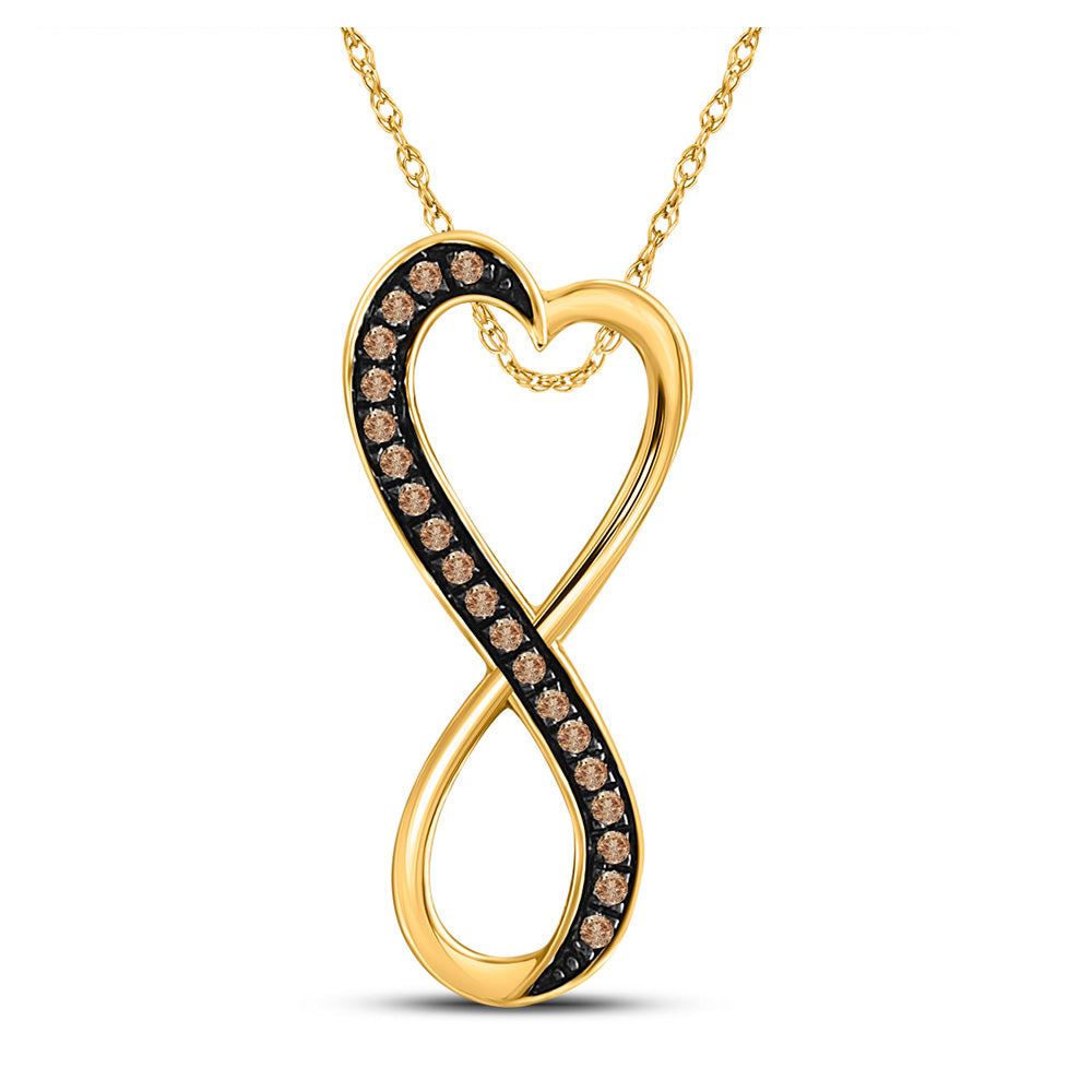 10kt Yellow Gold Womens Round Brown Diamond Heart Infinity Pendant 1/10 Cttw