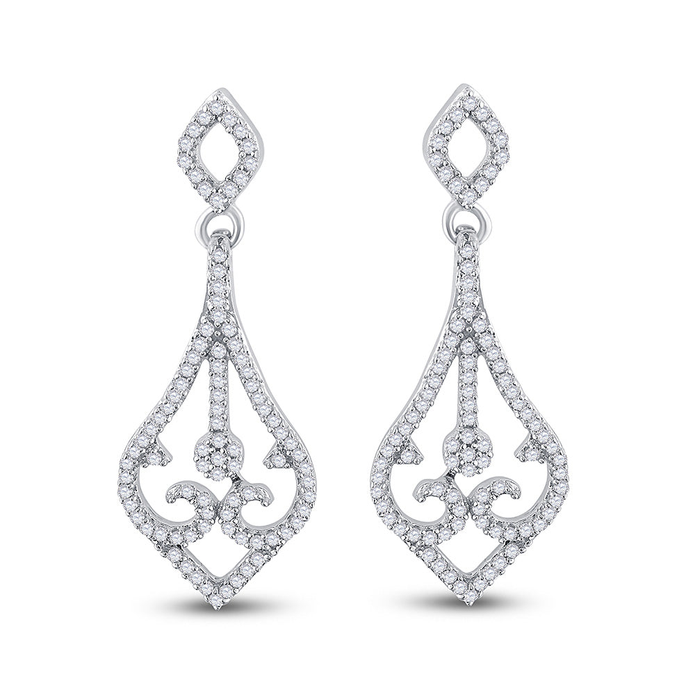 10kt White Gold Womens Round Diamond Scroll Teardrop Dangle Earrings 1/3 Cttw