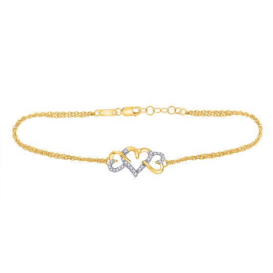 10kt Yellow Gold Womens Round Diamond Triple Heart Chain Bracelet 1/10 Cttw