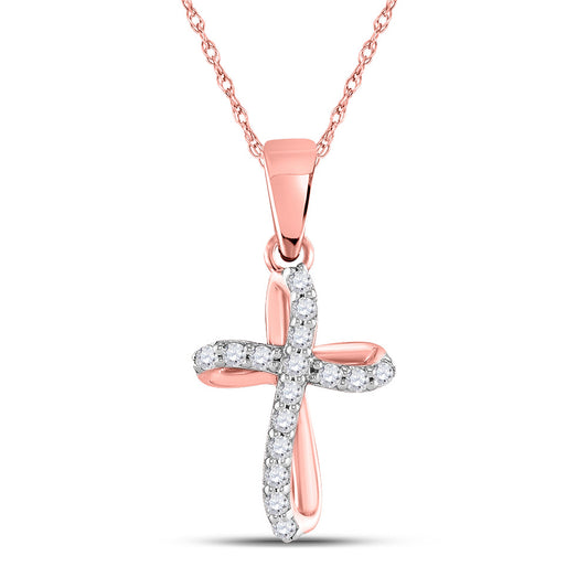 10kt Rose Gold Womens Round Diamond Cross Pendant 1/10 Cttw