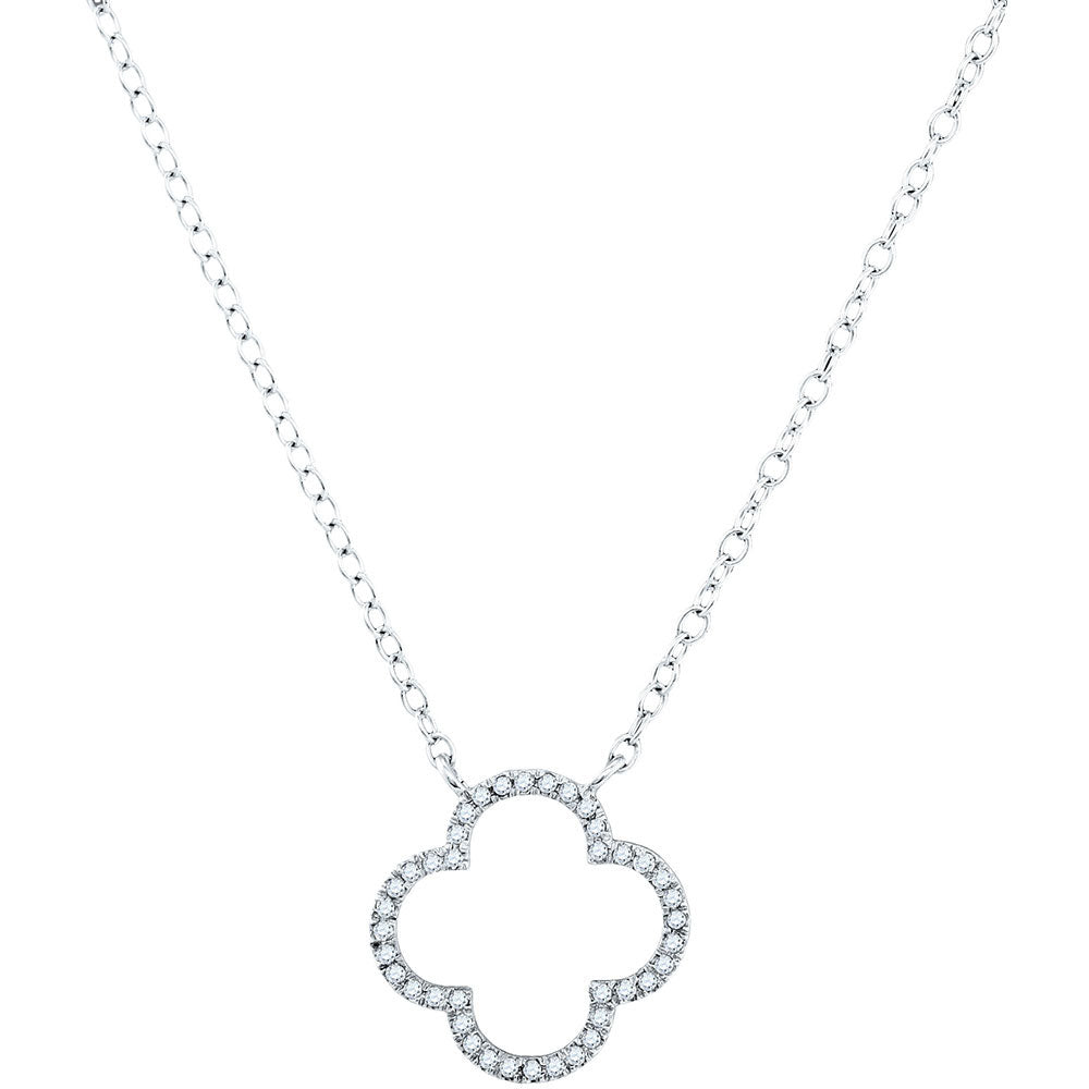 10kt White Gold Womens Round Diamond Clover Fashion Necklace 1/10 Cttw