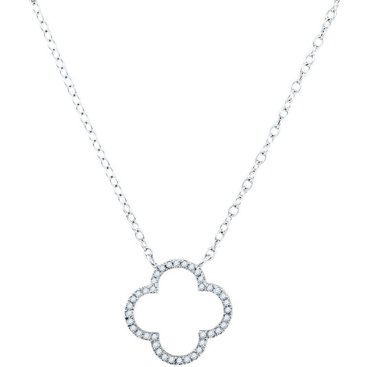 10kt White Gold Womens Round Diamond Clover Fashion Necklace 1/10 Cttw