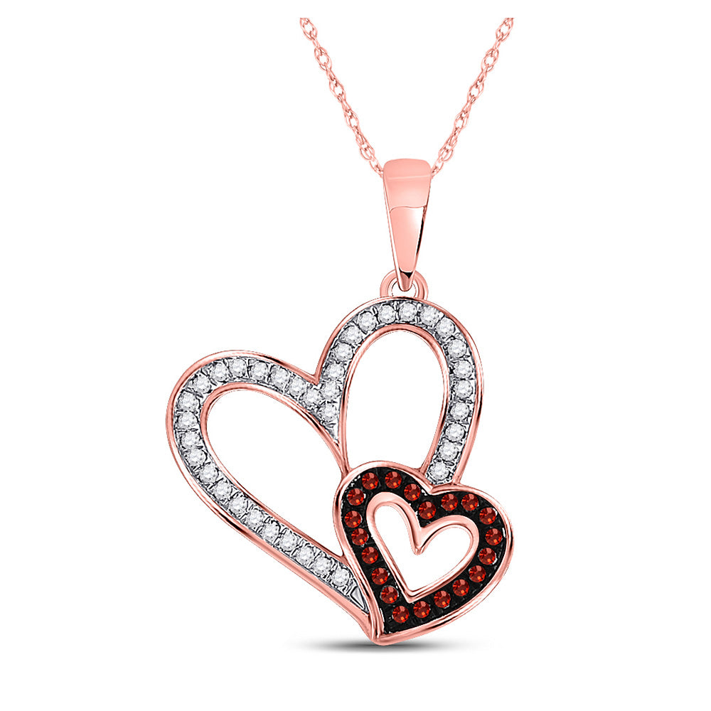 10kt Rose Gold Womens Round Red Color Enhanced Diamond Double Heart Pendant 1/6 Cttw