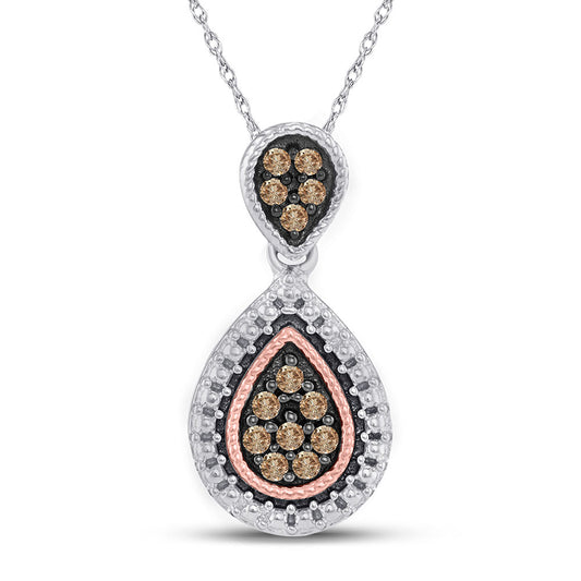 Sterling Silver Womens Round Brown Diamond Teardrop Cluster Pendant 1/6 Cttw