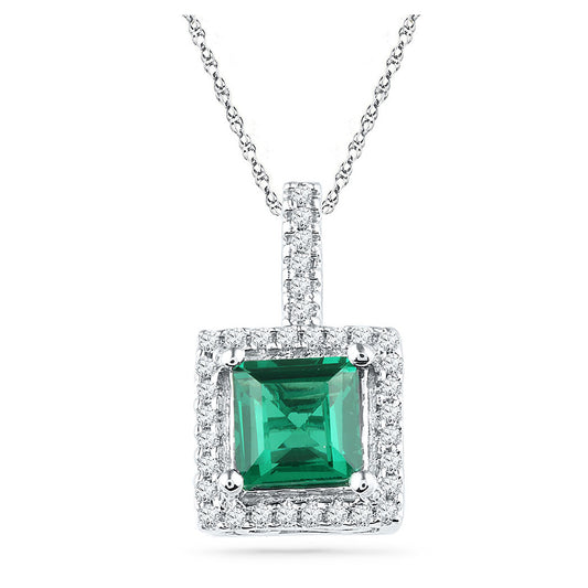 10kt White Gold Womens Cushion Synthetic Emerald Solitaire & Diamond Pendant 1-3/8 Cttw