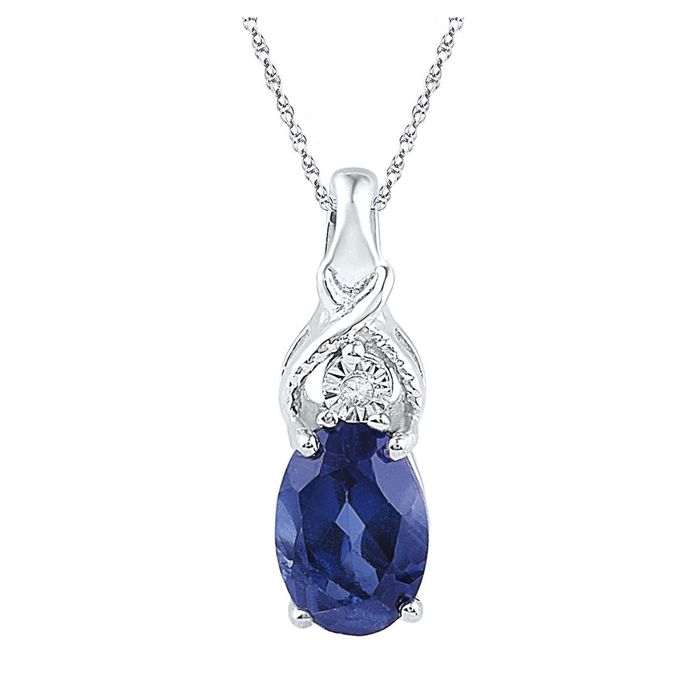 10kt White Gold Womens Oval Synthetic Blue Sapphire Solitaire Diamond Pendant 7/8 Cttw