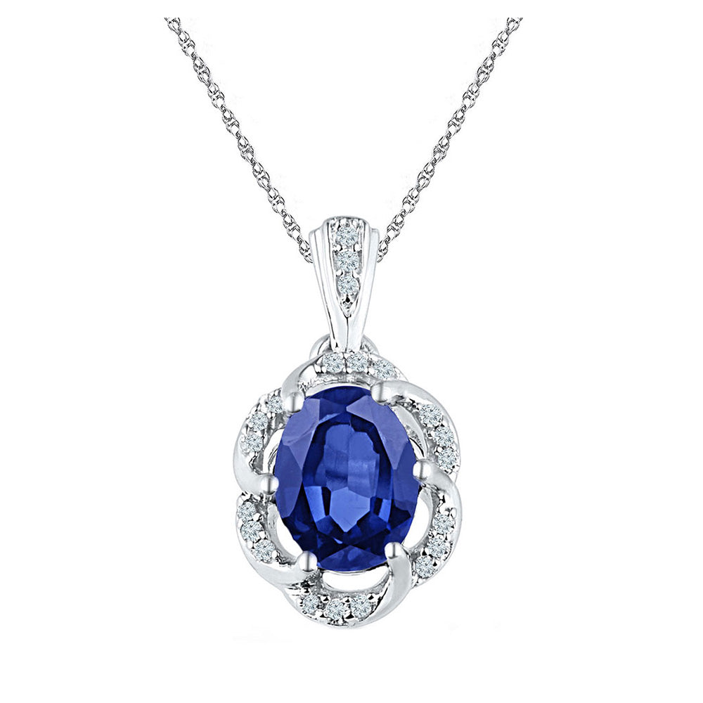 10kt White Gold Womens Oval Synthetic Blue Sapphire Solitaire Diamond Pendant 1-3/4 Cttw