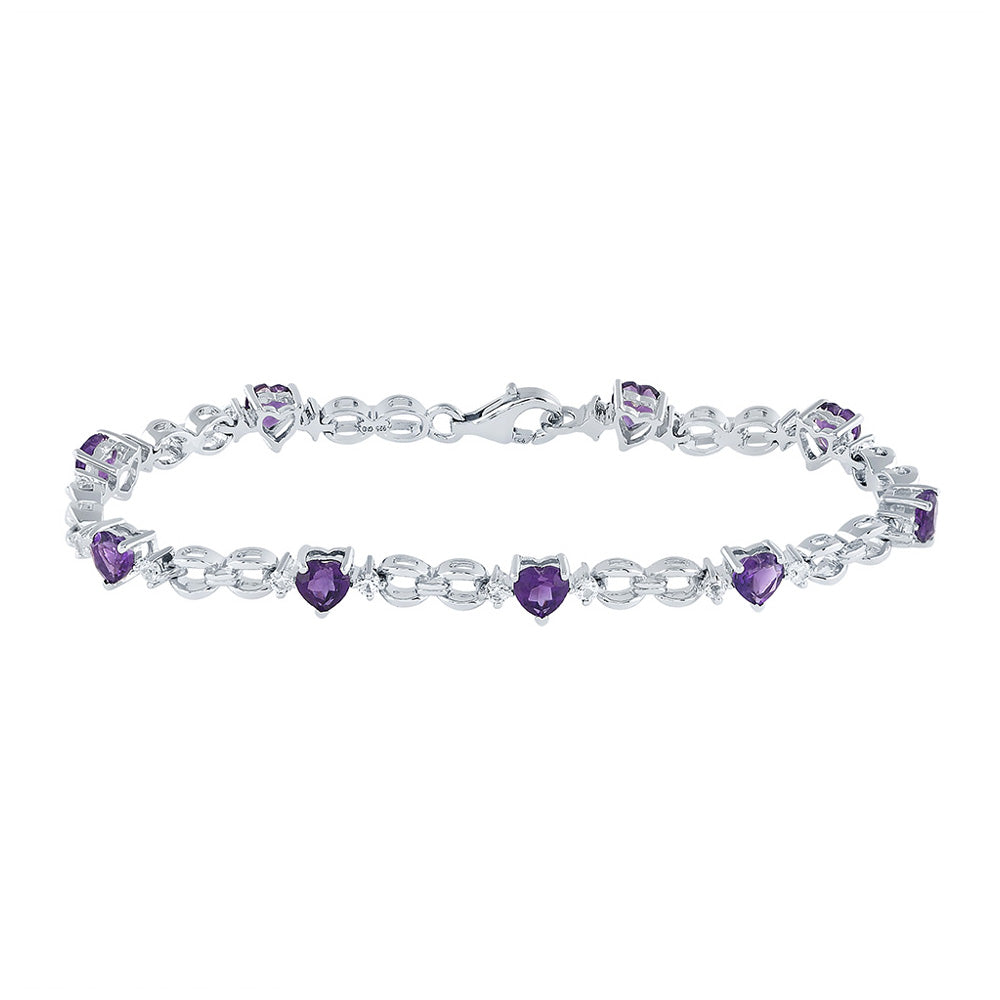 Sterling Silver Womens Heart Synthetic Amethyst Heart Bracelet 5-1/2 Cttw