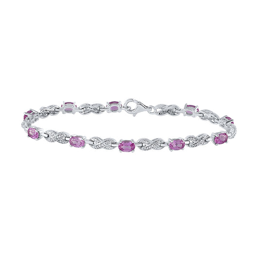 Sterling Silver Womens Oval Synthetic Pink Sapphire Fashion Bracelet 4-3/4 Cttw